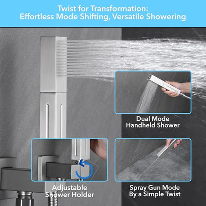 VANFOXLE Shower Faucet Set Brushed Nickel Shower System,Push Button Diverter Shower Faucet with 2 in 1 Handheld,Ceiling Mount Increased Thickness 10 Inch Shower Head with 6 Inch Wall Mount Shower Head
