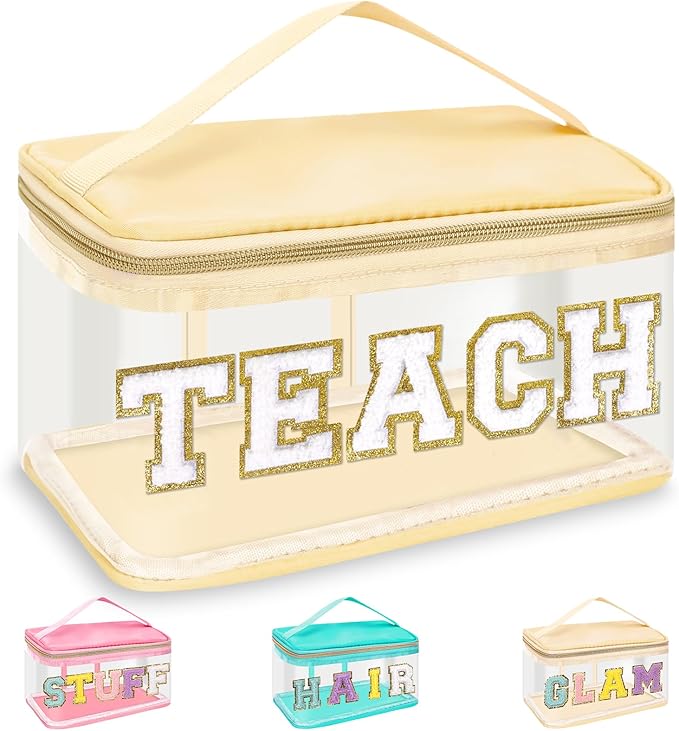 Teacher Appreciation Gifts Chenille Letter Clear Makeup Bag TEACH Pouch, Preppy Patch Makeup Bag Zipper with Handle Nylon Travel Cosmetic Bag Graduation Retirement Teacher Gifts for Women(TEACH-Beige)