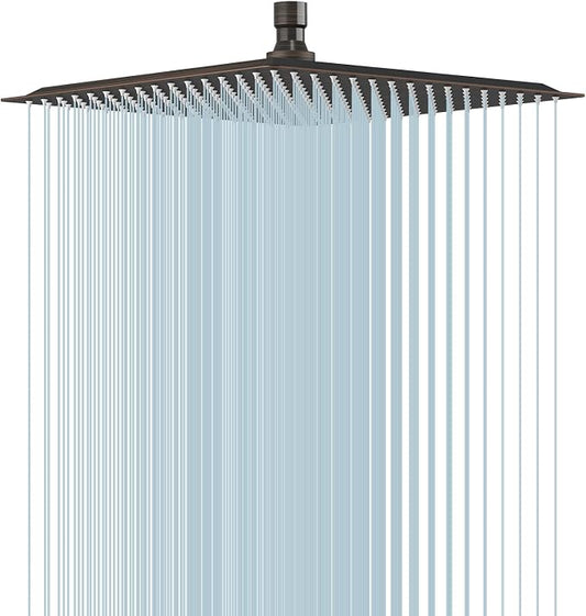 BESy 12 Inch Rain Shower Head, 12" Square Rainfall & High Pressure Stainless Steel Bath Showerhead, 1/16" Ultra Thin, Waterfall Full Body Coverage with Silicone Nozzle, Oil Rubbed Bronze Finish