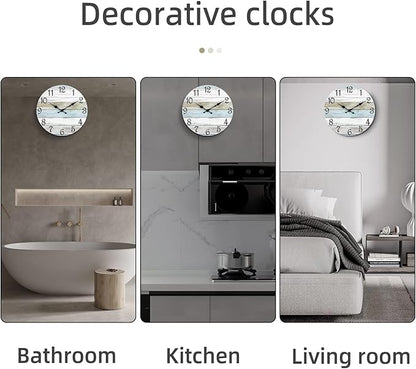 CHYLIN Wall Clock 12 Inch Bathroom Clock, Rustic Wall Clocks Battery Operated, Silent Non Ticking Wooden Coastal Beach Clock for Kitchen, Living Room, Bedroom (White)