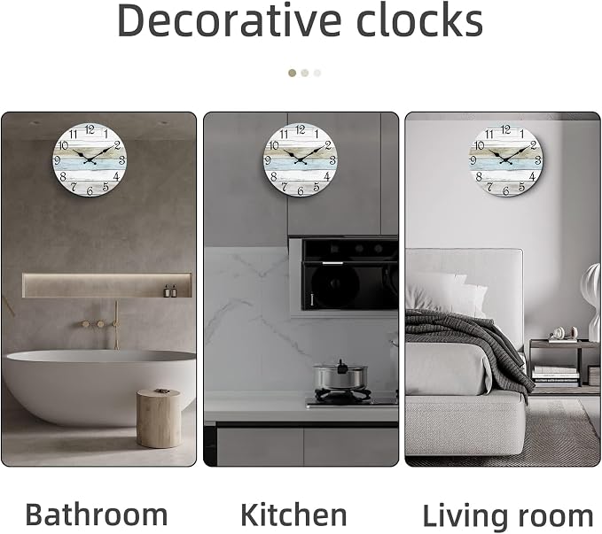 CHYLIN Wall Clock 12 Inch Bathroom Clock, Rustic Wall Clocks Battery Operated, Silent Non Ticking Wooden Coastal Beach Clock for Kitchen, Living Room, Bedroom (White)