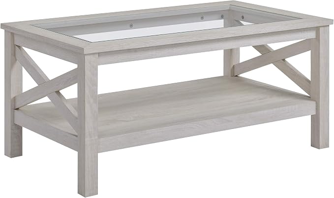 HOMCOM Farmhouse Style Coffee Table with Wood Frame, Tempered Glass Tabletop and Underneath Storage Shelf, Side Table for Living Room, 39.25"x21.75", White Oak