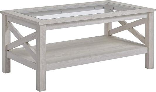 HOMCOM Farmhouse Style Coffee Table with Wood Frame, Tempered Glass Tabletop and Underneath Storage Shelf, Side Table for Living Room, 39.25"x21.75", White Oak