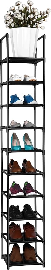 FIDUCIAL HOME 10 Tiers Vertical Shoe Rack 10 Pairs Skinny Shoe Shelf | Tall Narrow Space Saving for Entryway Closet, Easy to Assemble, 11"L x 11"W x 68.8"H