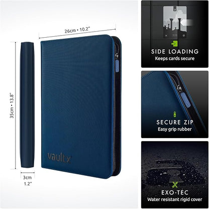 Vault X 9 Pocket Zip Binder, 360 Cards, Exo-Tec Material, 20 Side-Loading Pages (Blue)