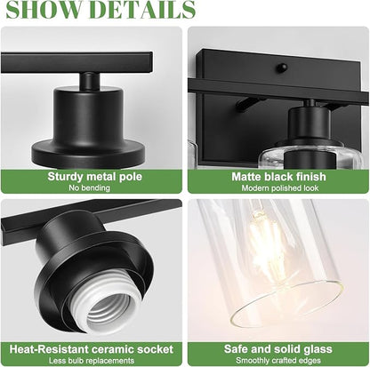 3-Light Bathroom Light Fixtures, Vanity Light with Clear Glass Shades, Matte Black Bathroom Light Fixtures Over Mirror, Modern Bathroom Wall Lamp for Mirror Living Room Cabinet Bedroom