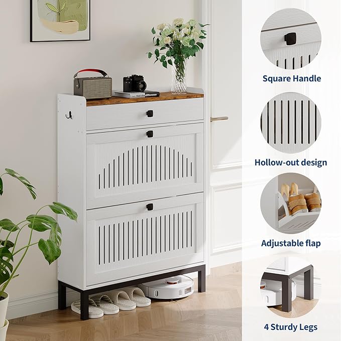 Garvee 2 Flip Drawer Shoe Cabinet with Adjustable Shelves, Hidden Shoe Organizer with Top Drawer, Freestanding Wooden Shoe Rack for Entryway, Hallway, Living Room, White