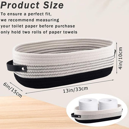 1 Pack Small Woven Storage Basket for Toilet Tank Top, Bathroom Countertop Organizer Basket Cotton Rope Toilet Paper Storage Toilet Paper Decorative Basket 13"x6"x4" (Black/White)