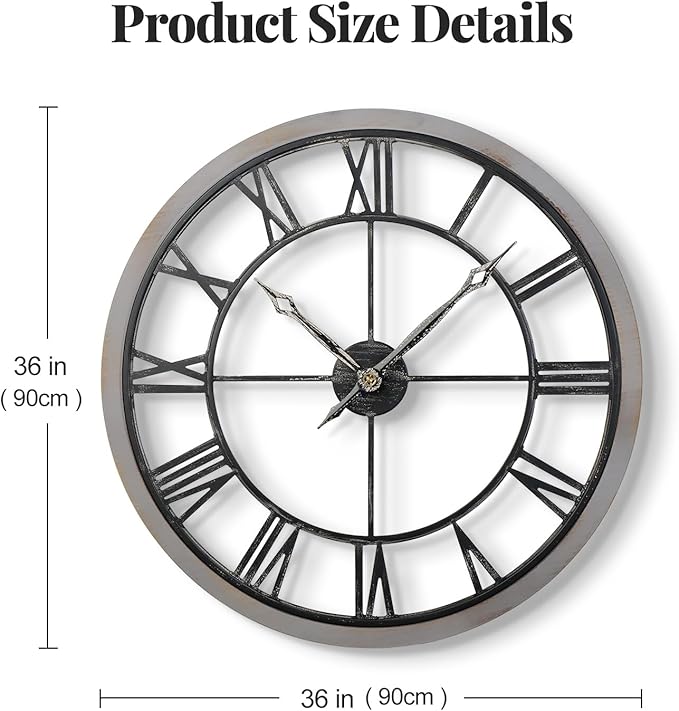 Cuspin Extra Large Wall Clock 36 Inch, Big Wood Metal Decorative Clocks for Living Room, Non-Ticking Silent Battery Operated Farmhouse Wall Clock Roman Numerals for Kitchen, Study, Office