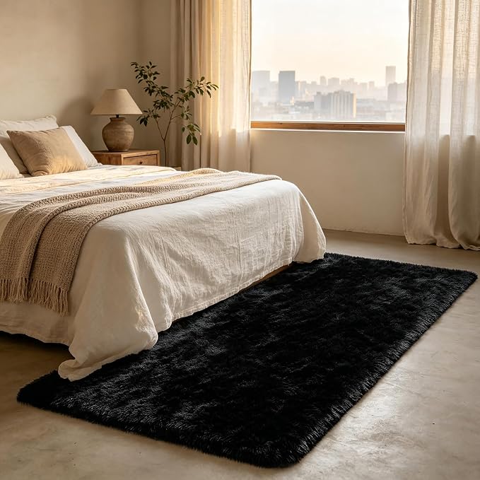 Shag Runner Rug for Bedroom Living Room 3x7 Upgrade Non-Slip Fluffy Soft Bedside Rugs,Black Shaggy Carpet for Livingroom Dorm Home Decor Aesthetic