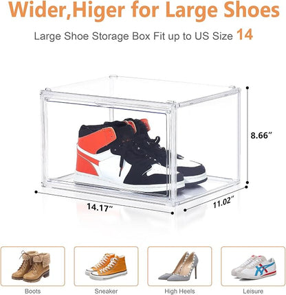 BVBOX Acrylic Shoe Storage Boxes with Magnetic Door - 360° Clear Stackable Shoe Display Box Set, Plastic Shoe Cabinet Rack Box for Sneakers Heels Shoes (1, Clear, XL - Side Open)