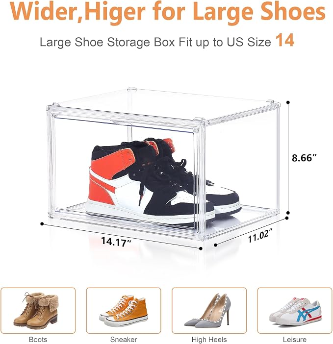 BVBOX 12 Pack Acrylic Shoe Storage Boxes with Magnetic Door - 360° Clear Stackable Shoe Display Box Set, Plastic Shoe Cabinet Rack Box for Sneakers Heels Shoes (12, Clear, XL - Side Open)