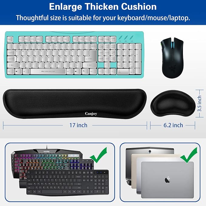 Canjoy Keyboard Wrist Rest Pad, Ergonomic Wrist Rest Cushion Support Pad, Easy Typing Pain Relief for Computer, Laptop Cushion with Anti-Skid Rubber Base, Pain Relief Mouse Hand Rest