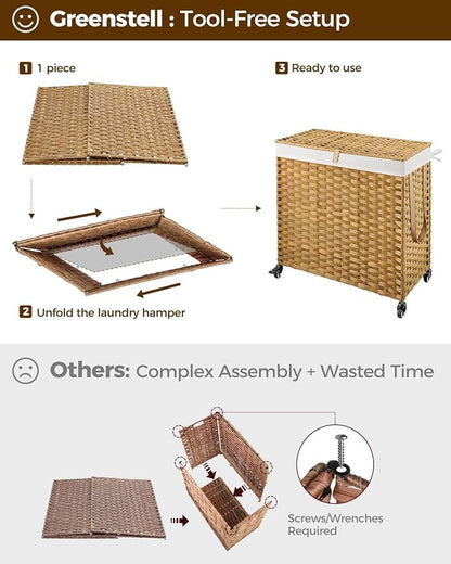 Greenstell Laundry Hamper with Wheels&Lid, 130L Large 3 Sections Clothes Hamper with 2 Types Removable Liner Bags, 5 Mesh Laundry Bags, Handwoven Divided Laundry Basket for Clothes, Natural