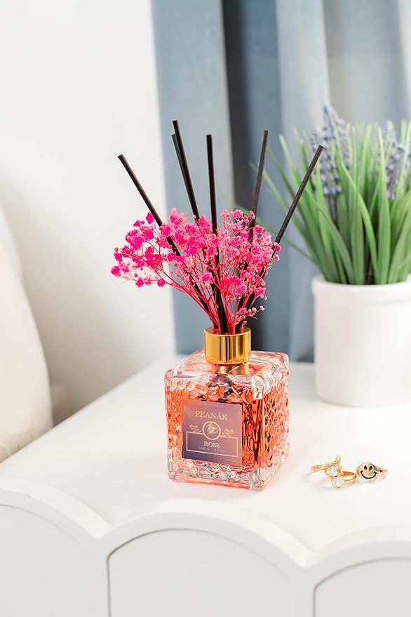 PEANÄK Reed Diffuser Set - Rose Honey Fragrance 6.7oz (200 ml) - Real Preserved Flowers & 8 Reed Sticks for Bathroom Shelf Decor Home Diffuser & Office Scent with Long Lasting Gift Scent