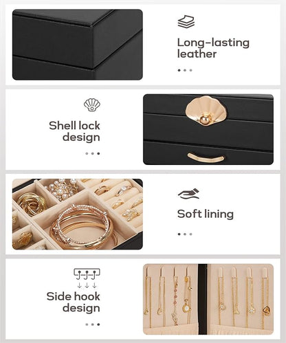 Jewelry Box with 3 Drawers: Display Organizer for Earrings Necklaces - Gifts for Girls Women (Black)