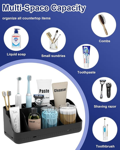 Bathroom Counter Organizer and Storage with 2 Pack Qtip Holder Dispenser, 7 Slots Detachable Toothbrush Holders for Bathrooms, Anti-Slip Electric Toothbrush and Toothpaste Holder Countertop