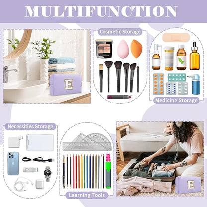 Personalized Makeup Bag Initial A-Z Preppy Patch Bag,Small PU Leather Travel Cosmetic Bag Pouch with Zipper,Purple Cute Toiletry Bag,Gift Ideal for Teen Girls Women Birthday Friend Mom,Latter E