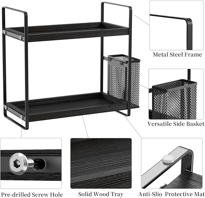 LEMIKKLE Bathroom Organizer Countertop, Counter Organizer for Bathroom Decor, Wooden Sink Shelf for Vanity Storage, Makeup Tray for Perfume Skincare Bedroom Kitchen Corner (Black)