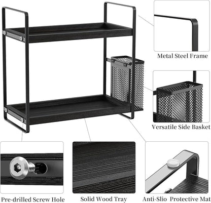 LEMIKKLE Bathroom Organizer Countertop, Counter Organizer for Bathroom Decor, Wooden Sink Shelf for Vanity Storage, Makeup Tray for Perfume Skincare Bedroom Kitchen Corner (Black)