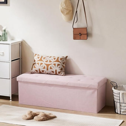 DUMOS 43in Foldable Storage Ottoman Bench, Storage Chest, Large End of Bed Foot Rest Stool with Padded Seat, Bedroom Bench for Living Room, Support 660lbs, Pink