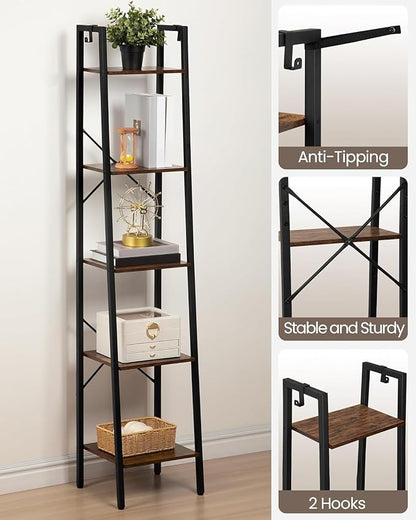 Ladder Shelf, Bookshelf Bookcase, Freestanding Corner Storage Shelve with 2 Hooks for Home Office, Living Room, Kitchen, Bedroom, Industrial, 11.8" D x 13.4" W x 63" H, Rustic Brown BC03201B