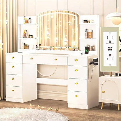 55" Vanity Desk with Mirror and Lights, Makeup Vanity with Power Outlet, White Vanity with 9 Drawers & 6 Storage Shelves for Bedroom