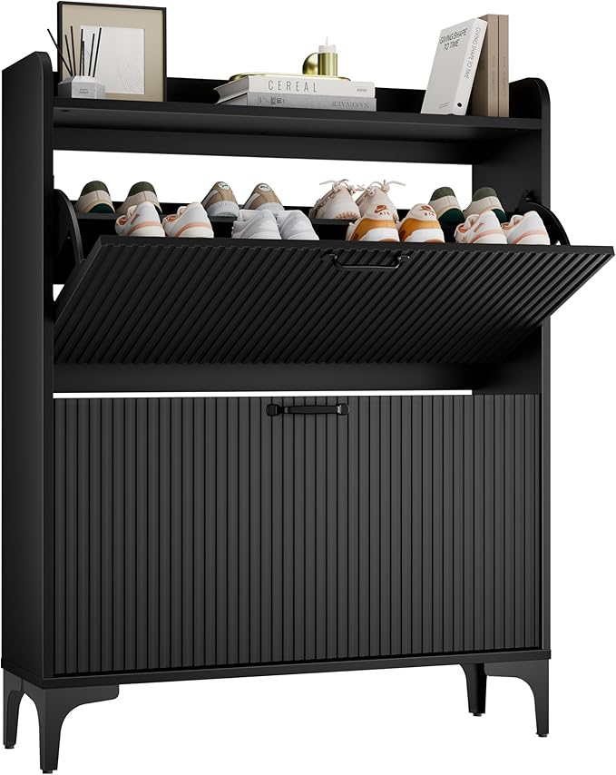 HIFYOBRO Fluted Shoe Cabinet with 2 Flip Drawers, Hidden Shoes Storage Cabinet, Modern Shoe Rack Organizer, Freestanding Narrow Shoes Organizer for Hallway, Entryway (Black)