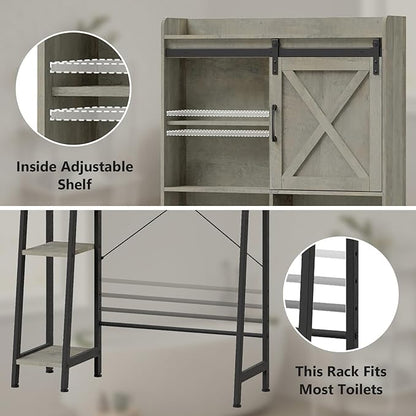 Vabches Over The Toilet Storage Cabinet, Farmhouse Storage Cabinet Over Toilet with Sliding Door & Toilet Paper Holder Stand, Home Space-Saving Toilet Rack for Bathroom, Restroom