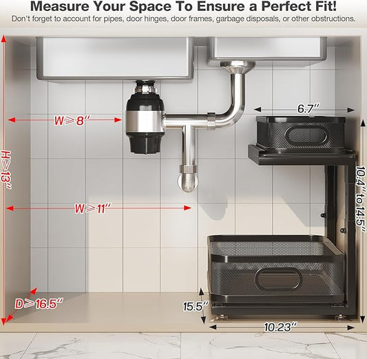 1 Pack 15IN-Depth Under Sink Organizer with Next-Gen Ball-Bearing Slides,2-Tier Precision Mesh Pull Out Cabinet Storage for Bathroom&Kitchen,Height Adjustable Drawers Shelf,Anti-Rust-Black