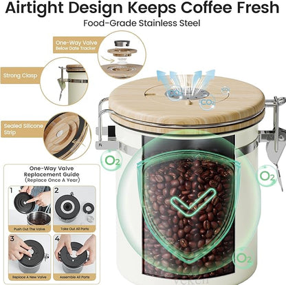 Veken Coffee Sugar Canister with Window, Airtight Stainless Steel Kitchen Food Storage Container with Lids, Date Tracker and Scoop for Grounds Coffee, Beans, Tea, Flour, Cereal Jars, 16OZ, Cream