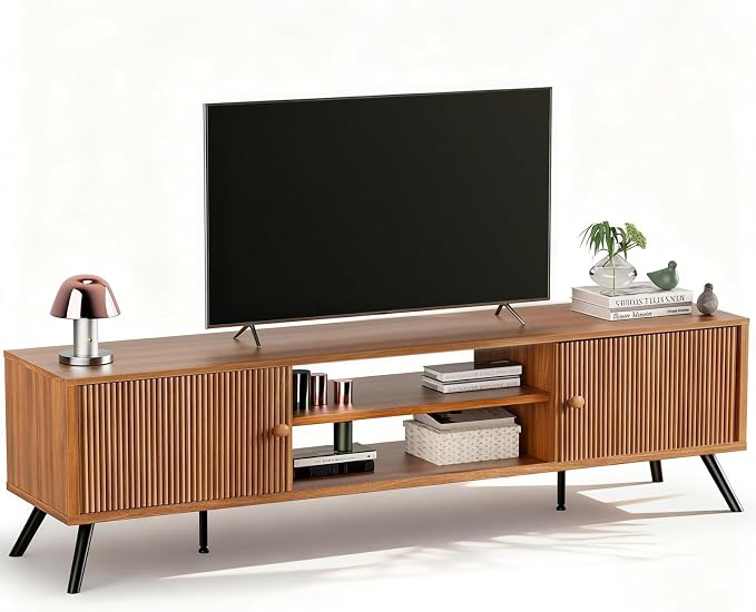 COMHOMA TV Stand for Living Room, Mid Century Modern Entertainment Center for 65/70/75 Inch TVs, Retro Brown TV Console with Fluted Door Cabinets and Open Adjustable Shelve Storage for Bedroom