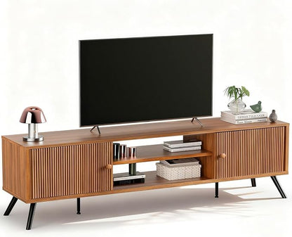 COMHOMA TV Stand for Living Room, Mid Century Modern Entertainment Center for 65/70/75 Inch TVs, Retro Brown TV Console with Fluted Door Cabinets and Open Adjustable Shelve Storage for Bedroom