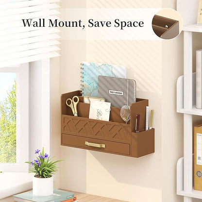 Bamboo Desktop Organizer with Drawer,Bill & Mail Organizer for Office Desk, Wall Mounted and Countertop Mail Sorter,Workspace Storage Accessories Organizer for File Letter （Brown）