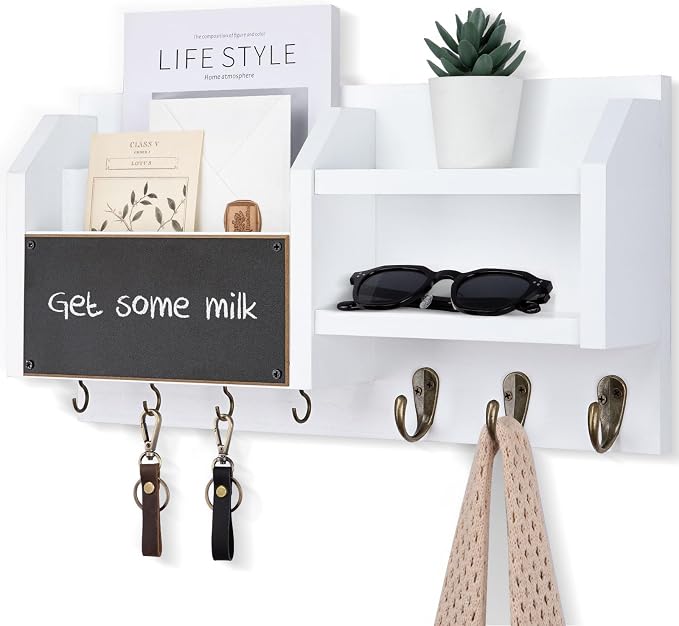 Lwenki Mail and Key Holder – Wall Mount Key Hanger with Shelf and 7 Metal Hooks – Decorative Natural Paulownia Wood Entryway Organizer with Mounting Hardware (16.5”W x 8.7”H x 3.5”D) (White)