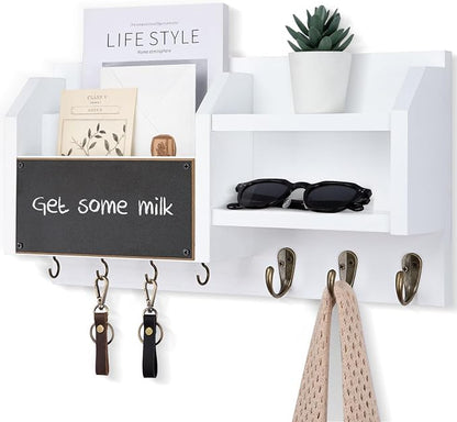 Lwenki Mail and Key Holder – Wall Mount Key Hanger with Shelf and 7 Metal Hooks – Decorative Natural Paulownia Wood Entryway Organizer with Mounting Hardware (16.5”W x 8.7”H x 3.5”D) (White)