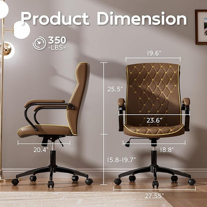 Brown Office Chair with Soft Leather Embroidery, Mid Back Vintage Swivel Executive Desk Chair with Wheels and Padded Arms, Adjustable Height