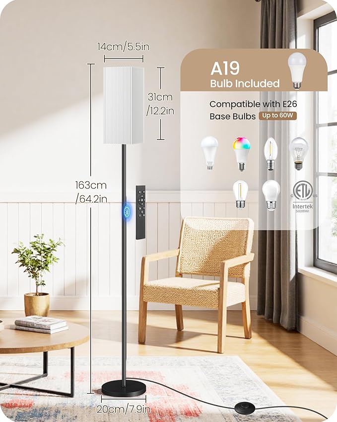 64.2” Dimmable Floor Lamp for Living Room with Remote and Foot Switch, Corner Floor Lamp for Bedroom, Includes 10W A19 Bulb, Modern Standing Tall Lamp, ETL Listed White and Black CW17LD05