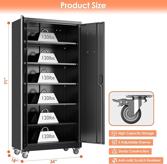 Garage Storage Cabinet with Wheels & Pegboard, Lockable Metal Storage Cabinet with Doors and 5 Adjustable Shelves for Garage, Home, Storage, Assembly Required, Black, 71" H×34" W×18" D