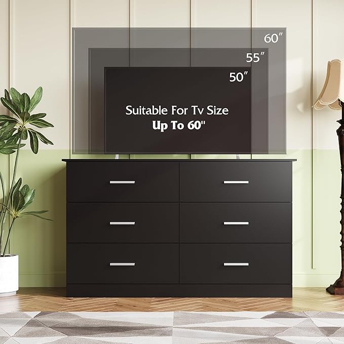 WLIVE Wood Dresser for Bedroom, Black 53'' Wide Chest of Drawers with 6 Drawer, Oak Furniture Large Storage Tower Unit, Closet Store Organizer for Living Room, Hallway, TV Stand, Modern Minimalist