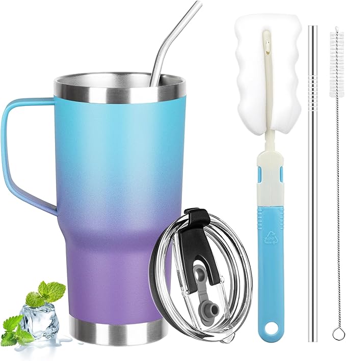 20 oz Tumbler with Handle, Stainless Steel Insulated Tumbler with Lid and Straw, Double Wall Vacuum Coffee Mug Tumbler, Insulated Coffee Thermal Cup for Cold and Hot (Blue Purple)
