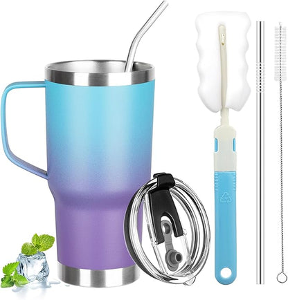 20 oz Tumbler with Handle, Stainless Steel Insulated Tumbler with Lid and Straw, Double Wall Vacuum Coffee Mug Tumbler, Insulated Coffee Thermal Cup for Cold and Hot (Blue Purple)