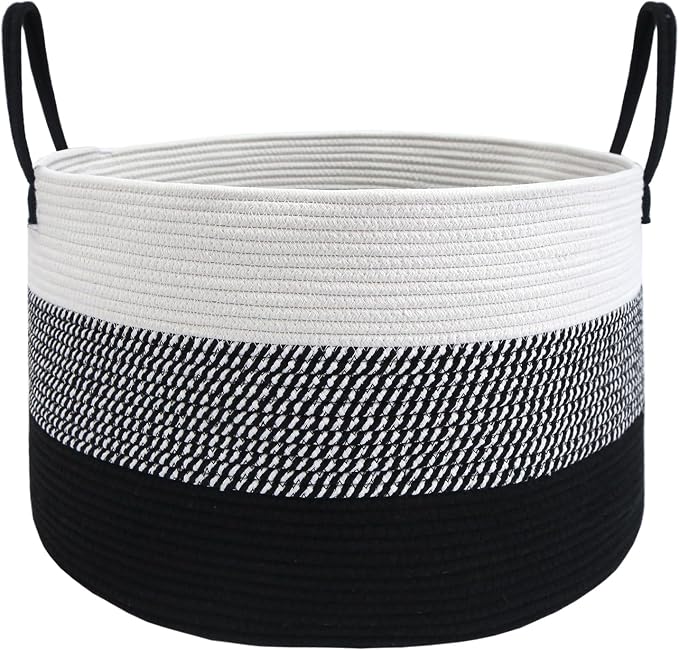 JMvicyroam 115L Extra Large Blanket Basket for Living Room - Woven Cotton Rope Laundry Hamper with Reinforced Handles - Storage Bin for Pillows, Comforters & Toys - Machine Washable,White&Black Mix