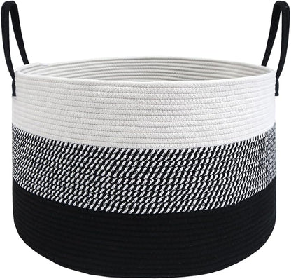 JMvicyroam 115L Extra Large Blanket Basket for Living Room - Woven Cotton Rope Laundry Hamper with Reinforced Handles - Storage Bin for Pillows, Comforters & Toys - Machine Washable,White&Black Mix