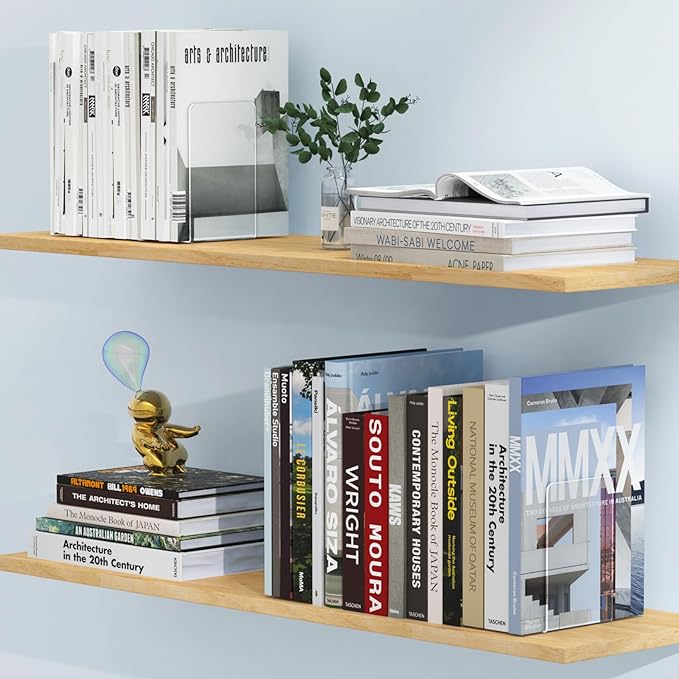 Acrylic Bookends 4 Pcs, Clear Book Ends for Shelves, Transparent Bookend Organizer, Book Holder Stand Decorative, Book Stoppers for Heavy Duty Books, CD, File, Video Games