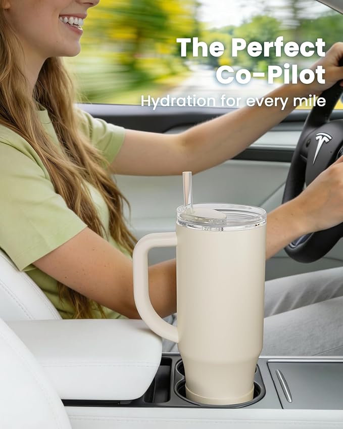 Renoj Tumbler with Handle 100% Leak Proof Insulated Water Bottle for Iced Coffee & Hot Drinks - Fits Car Cup Holder, Ideal Gift, 2 Straws & Silicone Boot BPA-Free - SnapShift White 40 oz