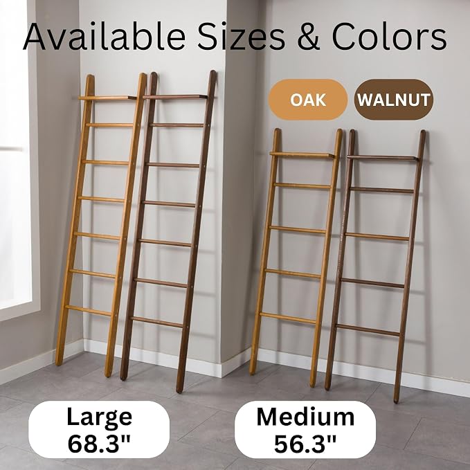 Solid Pine Wood Blanket Ladder for Living Room Bathroom Organizer Shelves, 7-Tier 5-Tier Freestanding Shelf, Freestanding Towel Rack Extra Storage, Wall-Leaning (Oak, Medium)