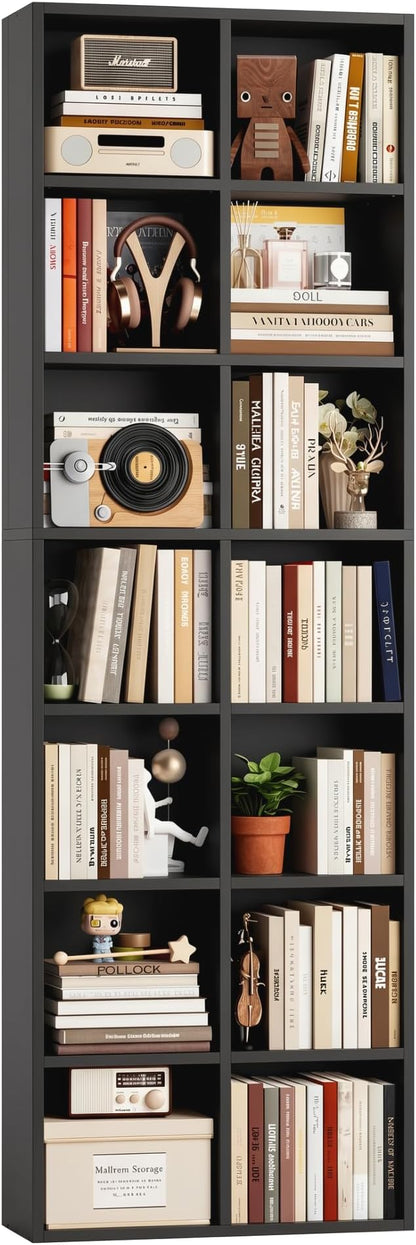 FOTOSOK 71'' Tall Bookshelf with 14 Cubes, 7 Tier Double Wide Black Bookshelf with 6 Adjustable Shelves, 19.6" Narrow Bookcase DVD/CD Media Storage, Space Saving Display Shelf Cabinet, Black