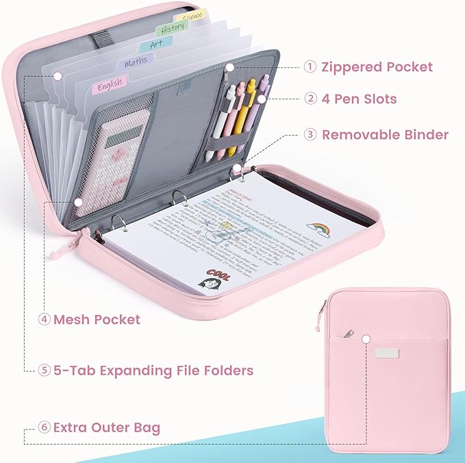 Sooez Zipper Binder Bag, 1 Inch Binders 3 Ring O-Ring, 5-Tab Dividers Expanding File Folder, 500-Sheet Capacity Three Ring Binder, Cute Organizer Storage for Student School Classroom Supplies, Purple