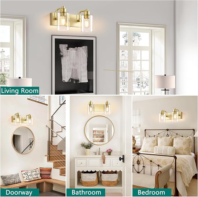 Gold Bathroom Light Fixtures,2-Light Bathroom Lights Over Mirror with Clear Glass Shade,Gold Light Fxiture Wall Sconces for Kitchen Living Room Bedroom